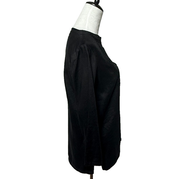 Lauren Ralph‎ Lauren Top Womens Medium Black Floral Linen Embroidered 3/4 Sleeve - Picture 7 of 9